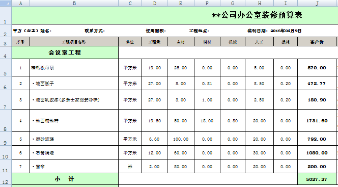 辦公室裝修預(yù)算